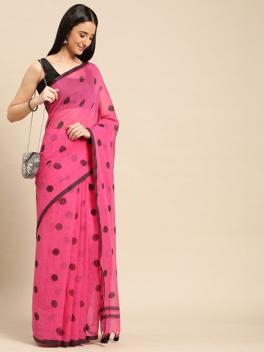 DESH BIDESH Polka Dots Pure Cotton Taant Saree