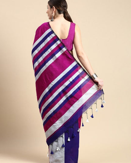 DESH BIDESH Pink & Silver Striped Ghicha Cotton Silk Saree with Unstitched Blouse