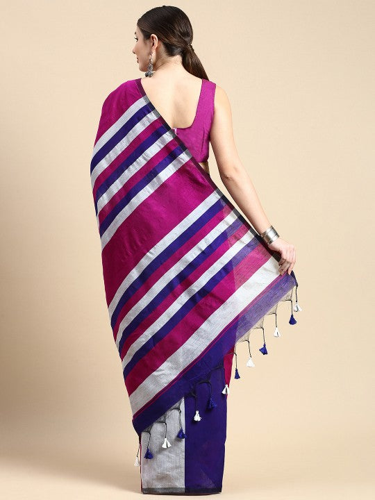 DESH BIDESH Pink & Silver Striped Ghicha Cotton Silk Saree with Unstitched Blouse