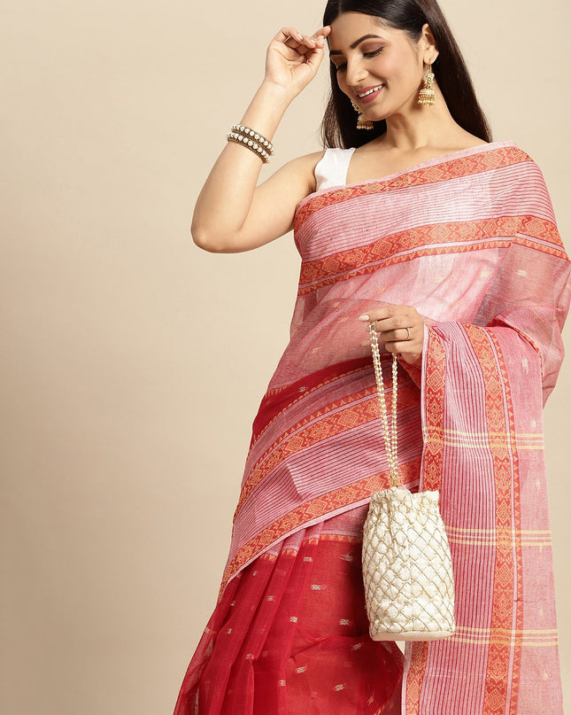 DESH BIDESH Red Ethnic Motifs Pure Cotton Taant Saree