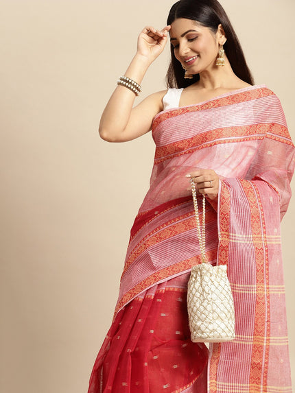 DESH BIDESH Red Ethnic Motifs Pure Cotton Taant Saree