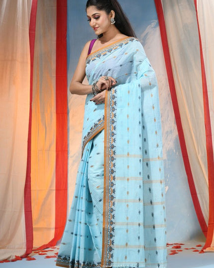 DESH BIDESH Blue & Orange Ethnic Motifs Pure Cotton Woven Design Saree