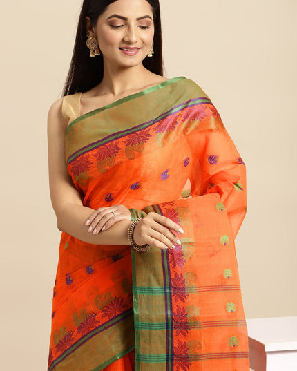 DESH BIDESH Orange & Green Ethnic Motifs Pure Cotton Taant Saree
