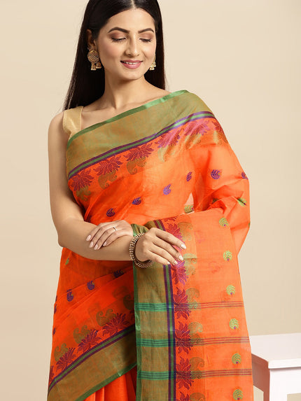 DESH BIDESH Orange & Green Ethnic Motifs Pure Cotton Taant Saree
