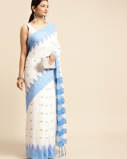 DESH BIDESH White & Blue Geometric Design Pure Cotton Taant Saree