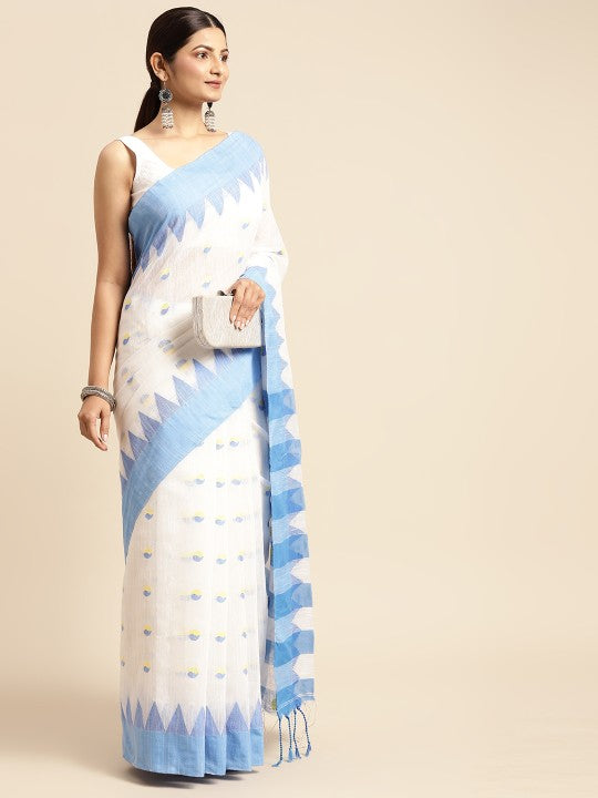 DESH BIDESH White & Blue Geometric Design Pure Cotton Taant Saree