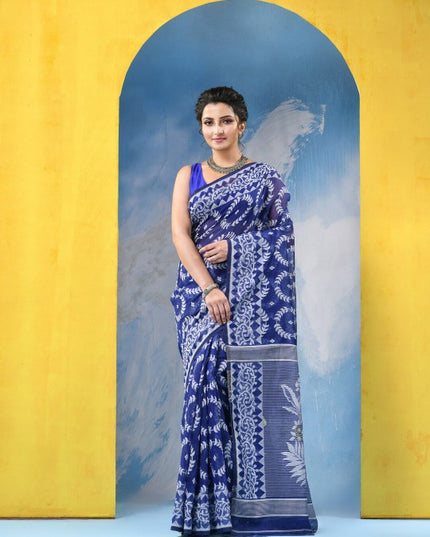 DESH BIDESH Blue & White Woven Design Zari Jamdani Saree with Border
