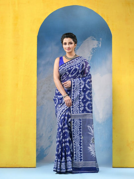 DESH BIDESH Blue & White Woven Design Zari Jamdani Saree with Border