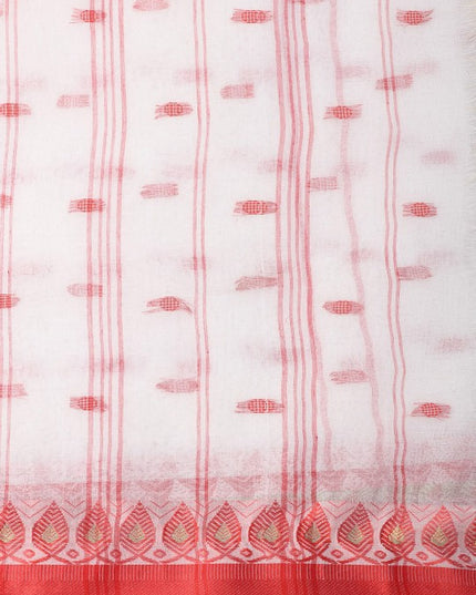 Exquisite White & Red Pure Cotton Taant Saree with Ethnic Motifs