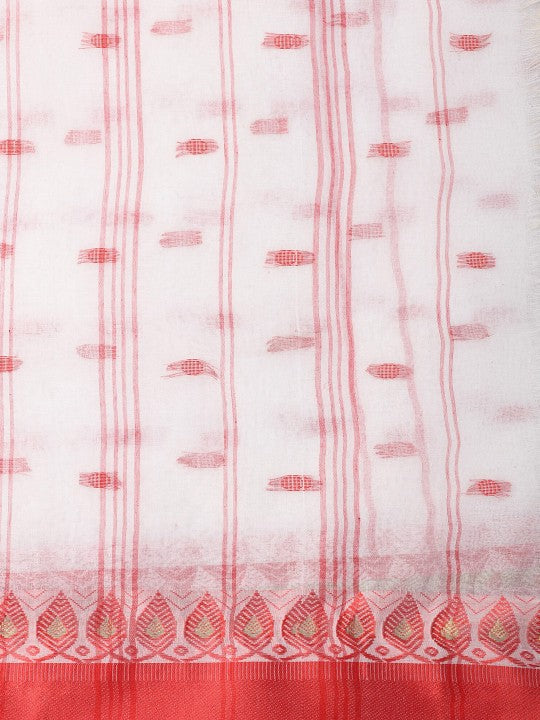 Exquisite White & Red Pure Cotton Taant Saree with Ethnic Motifs