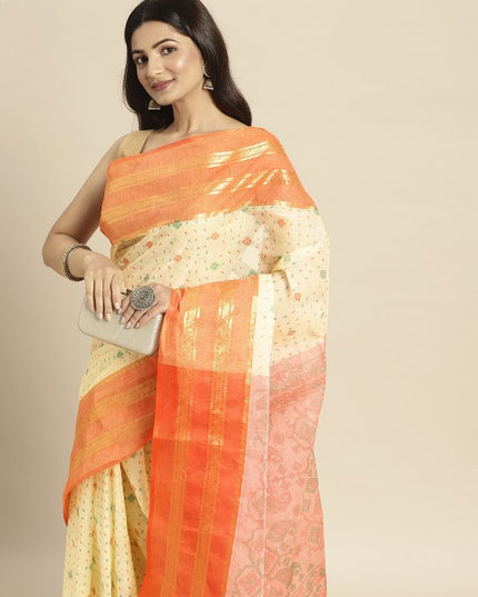Peach Coloured & Beige Ethnic Motifs Pure Cotton Taant Saree