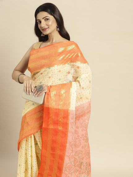 Peach Coloured & Beige Ethnic Motifs Pure Cotton Taant Saree