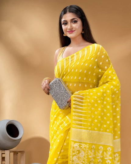 Exquisite Yellow & White Woven Pure Cotton Handloom Jamdani Saree with Border