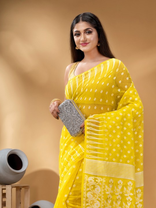 Exquisite Yellow & White Woven Pure Cotton Handloom Jamdani Saree with Border