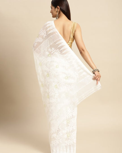 DESH BIDESH White Woven Design Pure Cotton Jamdani Saree