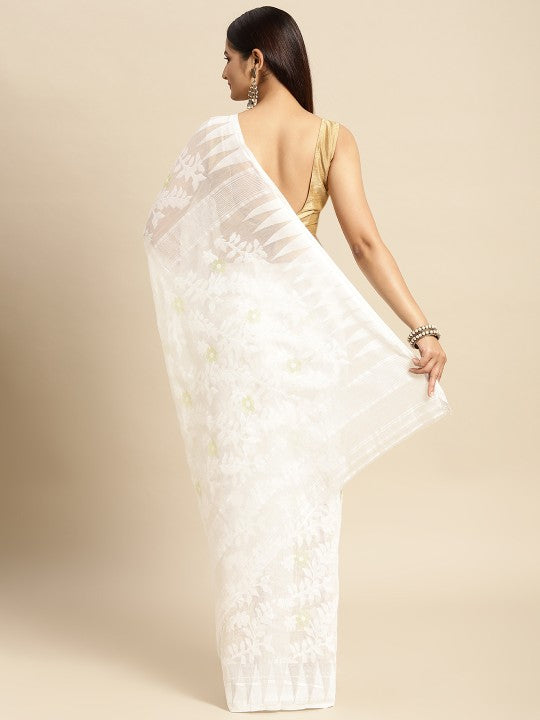 DESH BIDESH White Woven Design Pure Cotton Jamdani Saree