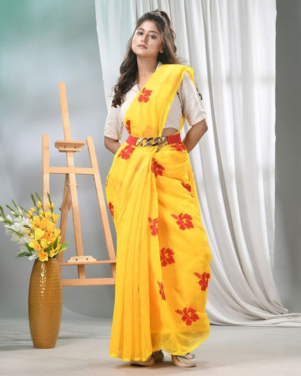 DESH BIDESH Floral Embroidered Silk Cotton Saree with No Border