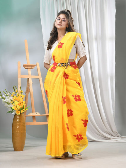 DESH BIDESH Floral Embroidered Silk Cotton Saree with No Border