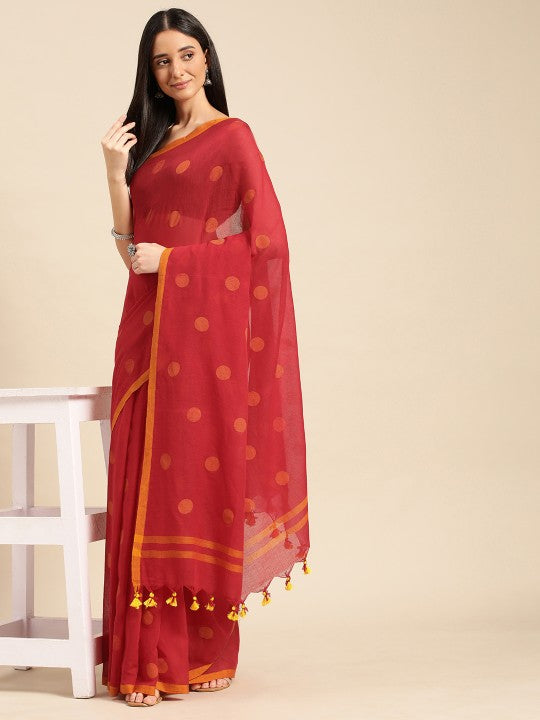 DESH BIDESH Polka Dots Pure Cotton Taant Saree