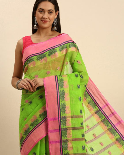 DESH BIDESH Woven Lotus Kolka Design Pure Cotton Bengal Taant Saree