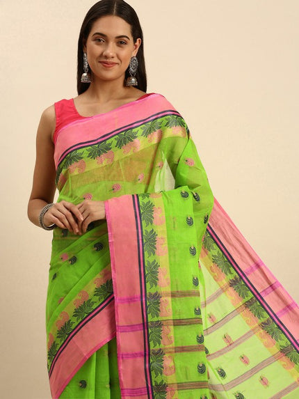 DESH BIDESH Woven Lotus Kolka Design Pure Cotton Bengal Taant Saree