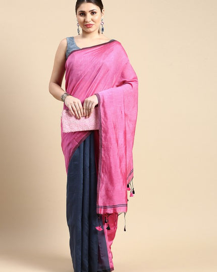 DESH BIDESH Premium Ghicha Cotton Colourblocked Half & Half Saree with Blouse Piece