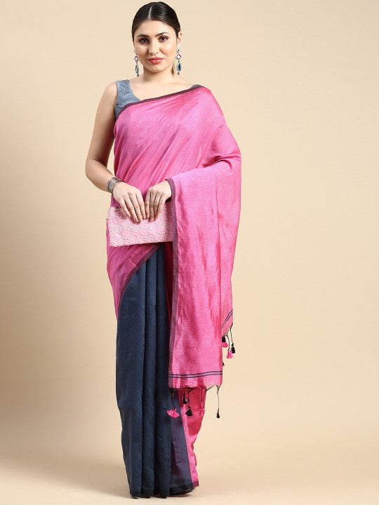 DESH BIDESH Premium Ghicha Cotton Colourblocked Half & Half Saree with Blouse Piece