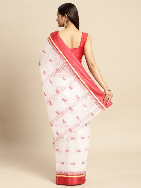 DESH BIDESH White & Red Ethnic Motifs Pure Cotton Taant Saree
