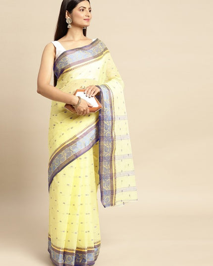 DESH BIDESH Yellow & Grey Ethnic Motifs Pure Cotton Taant Saree