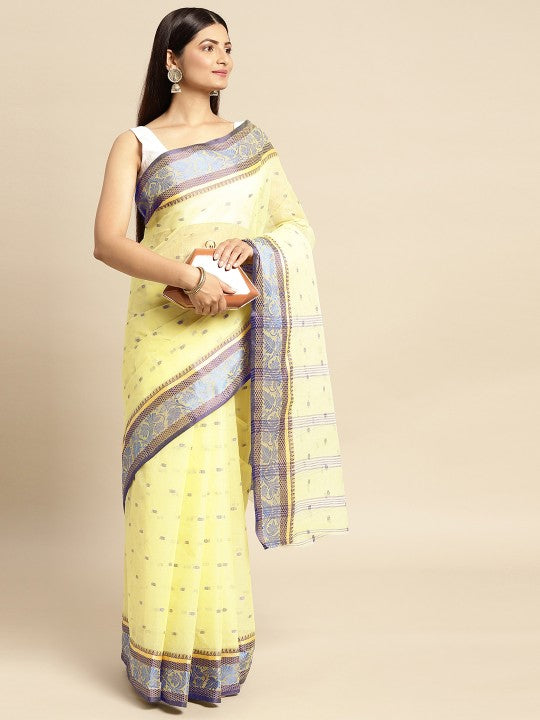 DESH BIDESH Yellow & Grey Ethnic Motifs Pure Cotton Taant Saree