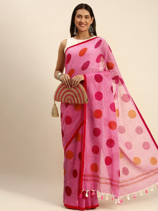 DESH BIDESH Mulmul Cotton Polka Print Taant Saree