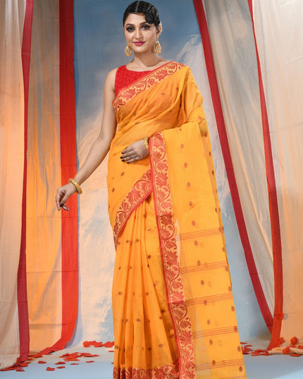 DESH BIDESH Traditional Yellow & Red Woven Pure Cotton Saree with Elegant Design