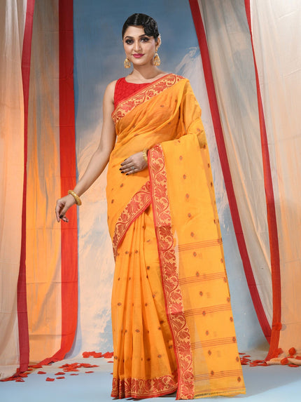 DESH BIDESH Traditional Yellow & Red Woven Pure Cotton Saree with Elegant Design
