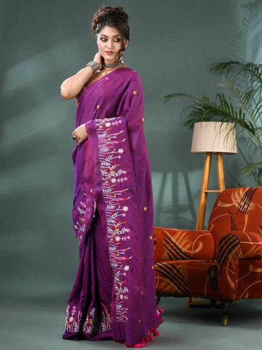 DESH BIDESH Floral Embroidered Pure Cotton Saree