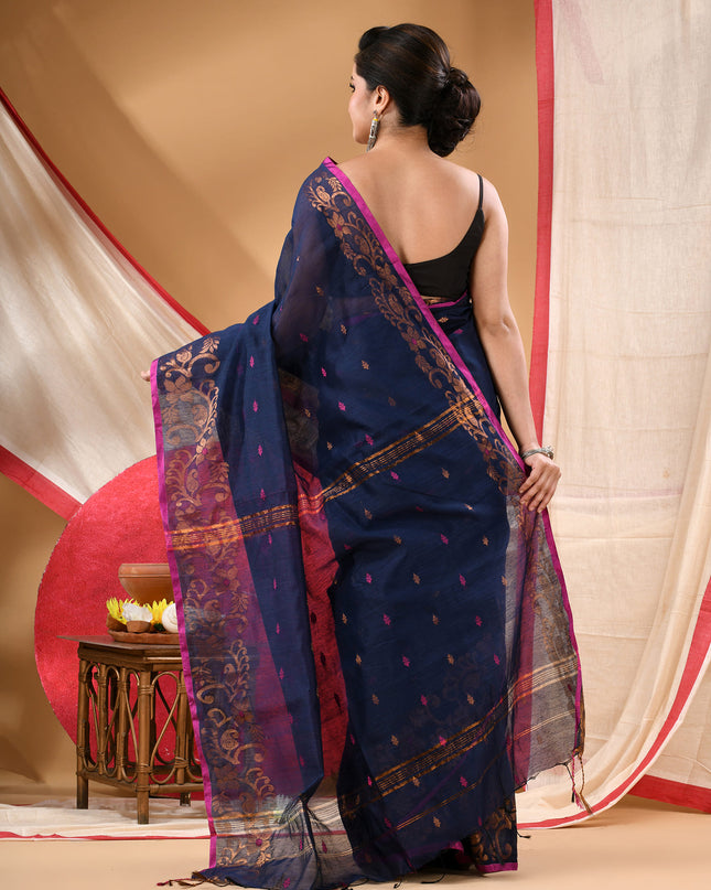 Women cotton silk tant handloom saree mysore party, wear sarees latest, design wedding, banarasi design georgette saree soft silk cotton MidNight Zari sarees for women (Dark Blue)