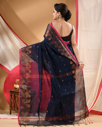 Women cotton silk tant handloom saree mysore party, wear sarees latest, design wedding, kanjivaram georgette chiffon saree soft silk cotton Senzia design sarees for women (Dark Blue)