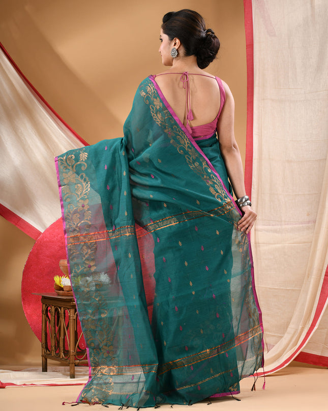 Women cotton silk tant handloom saree mysore party, wear sarees latest, design wedding, banarasi design georgette saree soft silk cotton MidNight Zari sarees for women (Tute)