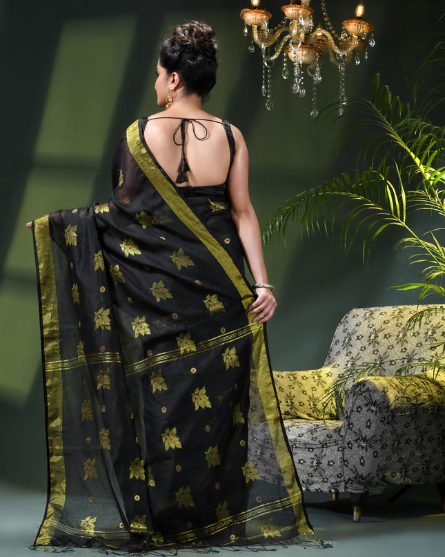 Cotton Silk Party Wear Saree Trendy Design Gulnaz Georgette Chiffon Cotton Saree (Black)