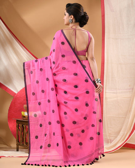 Women cotton handloom mulmul cotton sarees mul cotton sarees for women latest, Nazakat design batik print bandhani malmal linen office daily, party, wear sarees for women (Pink Black)