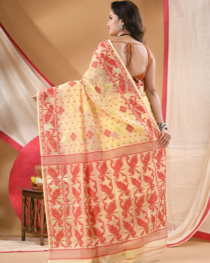 Women's Cotton silk handloom cotton jamdani sarees for women golden party, wear saree latest, Ragini design new, collection tant cotton linen dhakai muslin sarees for women (Cream Gold)