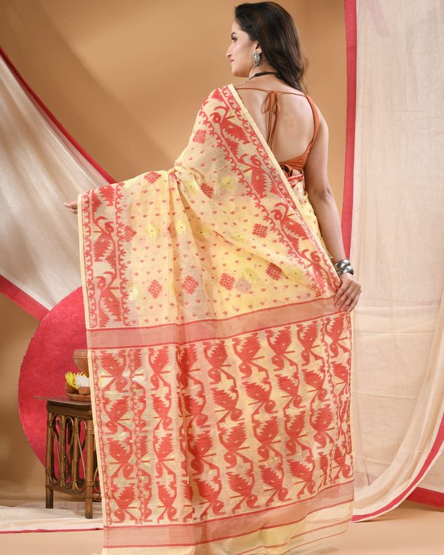 Women's Cotton silk handloom cotton jamdani sarees for women golden party, wear saree latest, Ragini design new, collection tant cotton linen dhakai muslin sarees for women (Cream Gold)