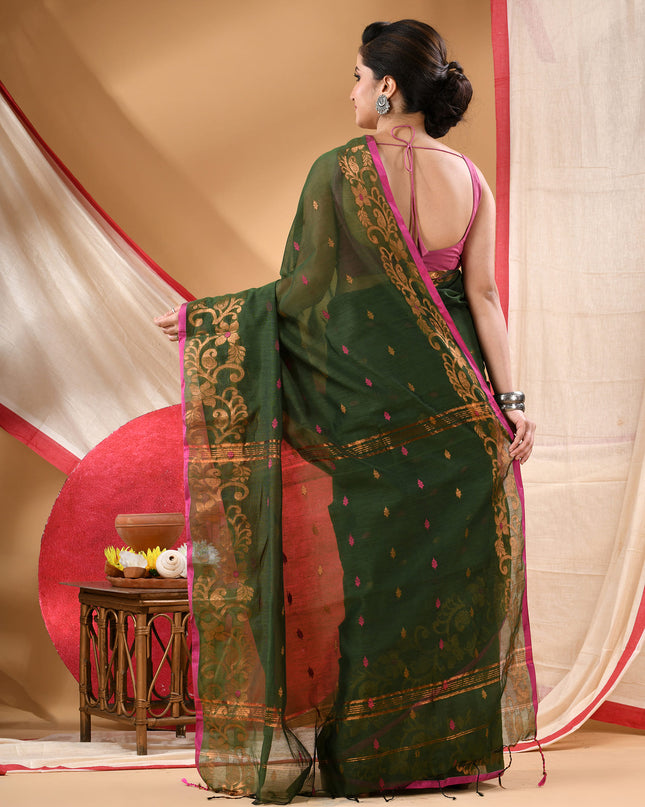 Women cotton silk tant handloom saree mysore party, wear sarees latest, design wedding, banarasi design georgette saree soft silk cotton MidNight Zari sarees for women (Dark Green)