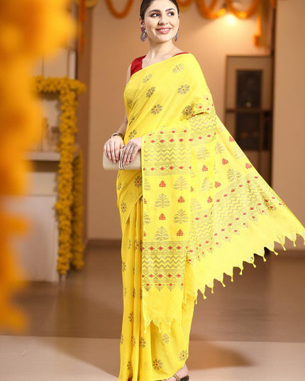 Women`s Bengal Tant Abhrak Work Design Handloom Cotton Saree With Blouse Piece (Yellow)