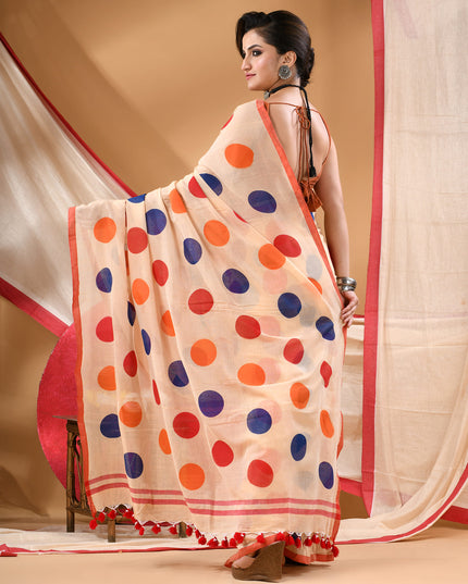 Women cotton handloom mulmul cotton sarees mul cotton sarees for women latest, Mohini design batik print bandhani malmal linen office daily, party, wear sarees for women (Off White Red)