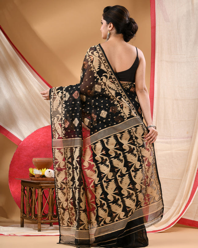 Women's Cotton silk handloom cotton jamdani sarees for women golden party, wear saree latest, Ragini design new, collection tant cotton linen dhakai muslin sarees for women (Black Golden)