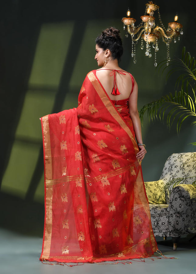 Cotton Silk Party Wear Saree Trendy Design Gulnaz Georgette Chiffon Cotton Saree (Red)