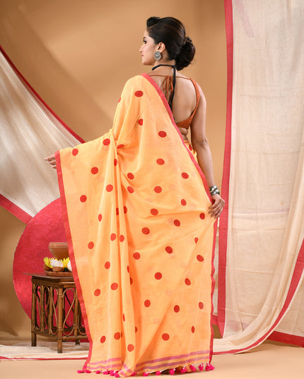 Women cotton handloom mulmul cotton sarees mul cotton sarees for women latest, Nazakat design batik print bandhani malmal linen office daily, party, wear sarees for women (Yellow Red)