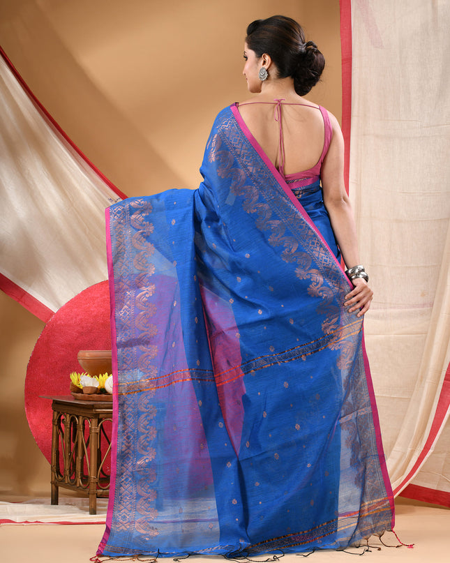 Women cotton silk tant handloom saree mysore party, wear sarees latest, design wedding, kanjivaram georgette chiffon saree soft silk cotton Senzia design sarees for women (Royal Blue)