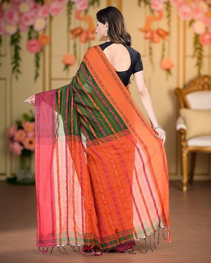 Women`s Traditional Bengali Bengamuri Pure Handloom Cotton Saree With Blouse Piece