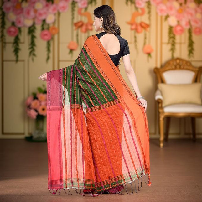 Women`s Traditional Bengali Bengamuri Pure Handloom Cotton Saree With Blouse Piece